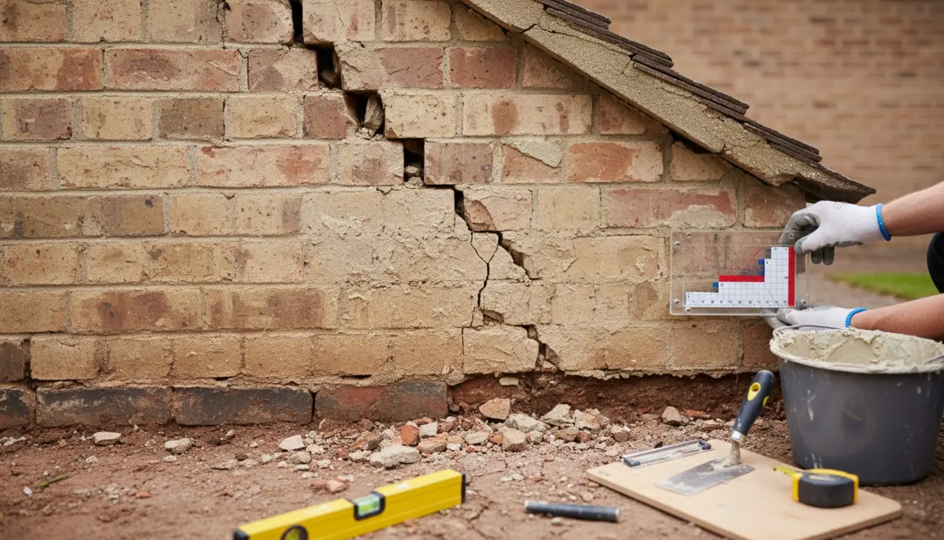 Ydermur med sætningsrevne ved soklen og håndværkerens værktøj ved muren.