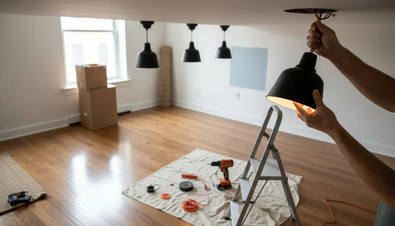 Hænder på en stige monterer en loftlampe i en ny lejlighed med værktøj og flyttekasser i baggrunden.