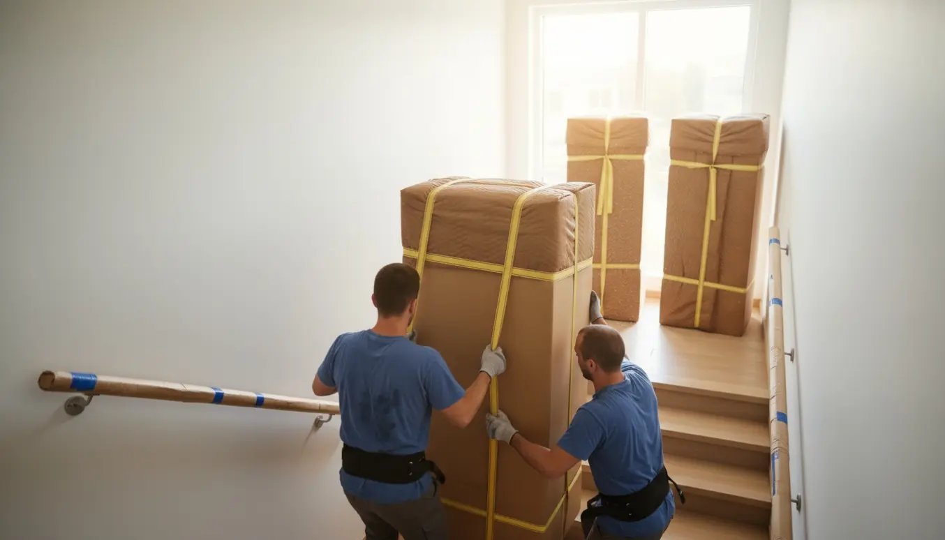 To mænd bærer et stort indpakket klædeskab op ad en lys lejlighedstrappe, mens to pakker står på reposen.