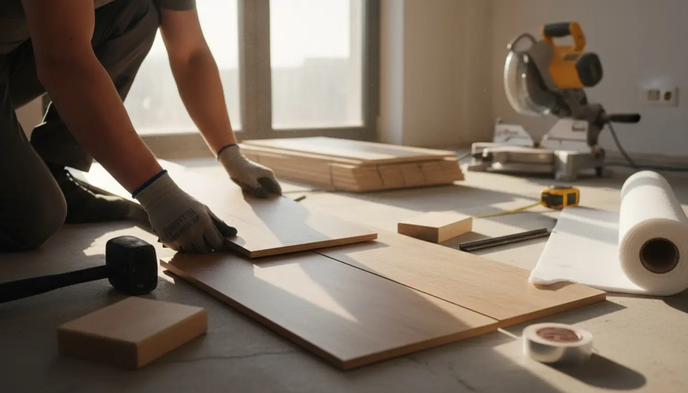 Hænder der klikker en lys egplanke på plads med underlag, aluminiumstape og værktøj i et soloplyst rum.