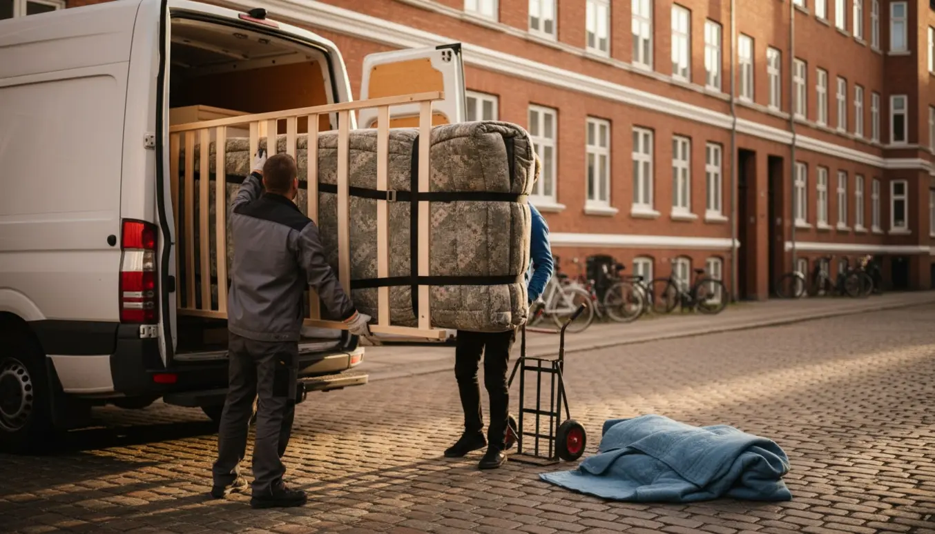 To personer læsser en indpakket madras og sammenlagt seng ind i en varevogn på en københavnsk gade om eftermiddagen.