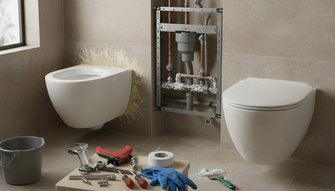 Væghængt toilet under udskiftning med blottet cisterne, kalkaflejringer og værktøj i et lyst baderum.