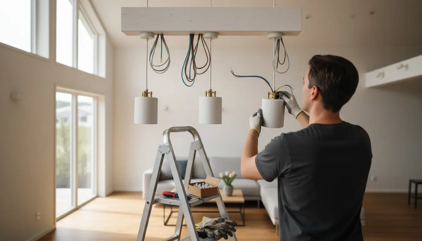 Hænder på en stige forbinder kabler til en loftlampe, mens to andre lamper er monteret.