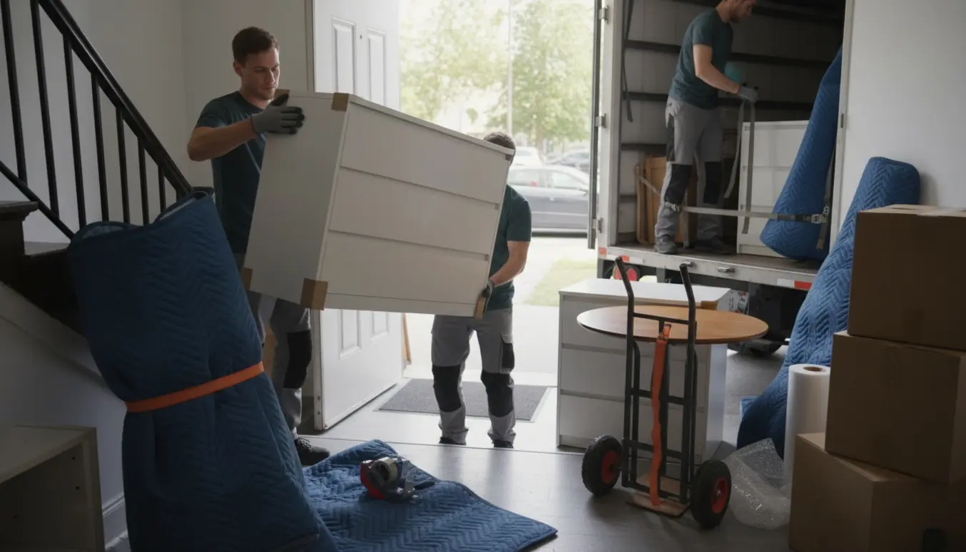 Flyttefolk bærer en stor hvid kommode og en lille kommode samt et bord fra 2. sal ud til en varebil.