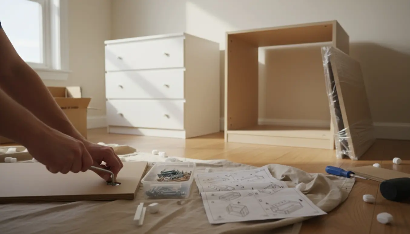 To kommoder fra Ikea i forskellige stadier af samling på et lyst trægulv med værktøj og dele.
