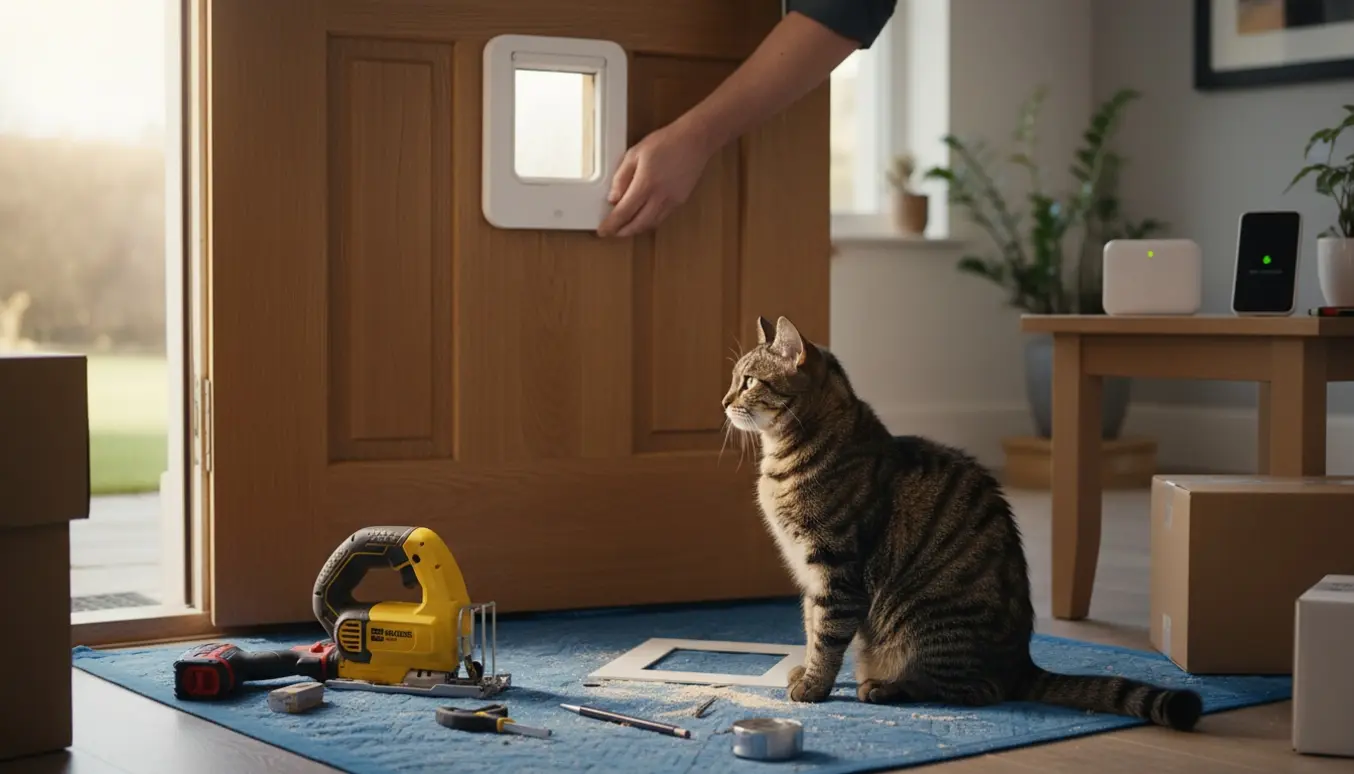 Hænder monterer en stor chip‑registreret kattelem i en træhoveddør, med værktøj og en kat i nærheden.