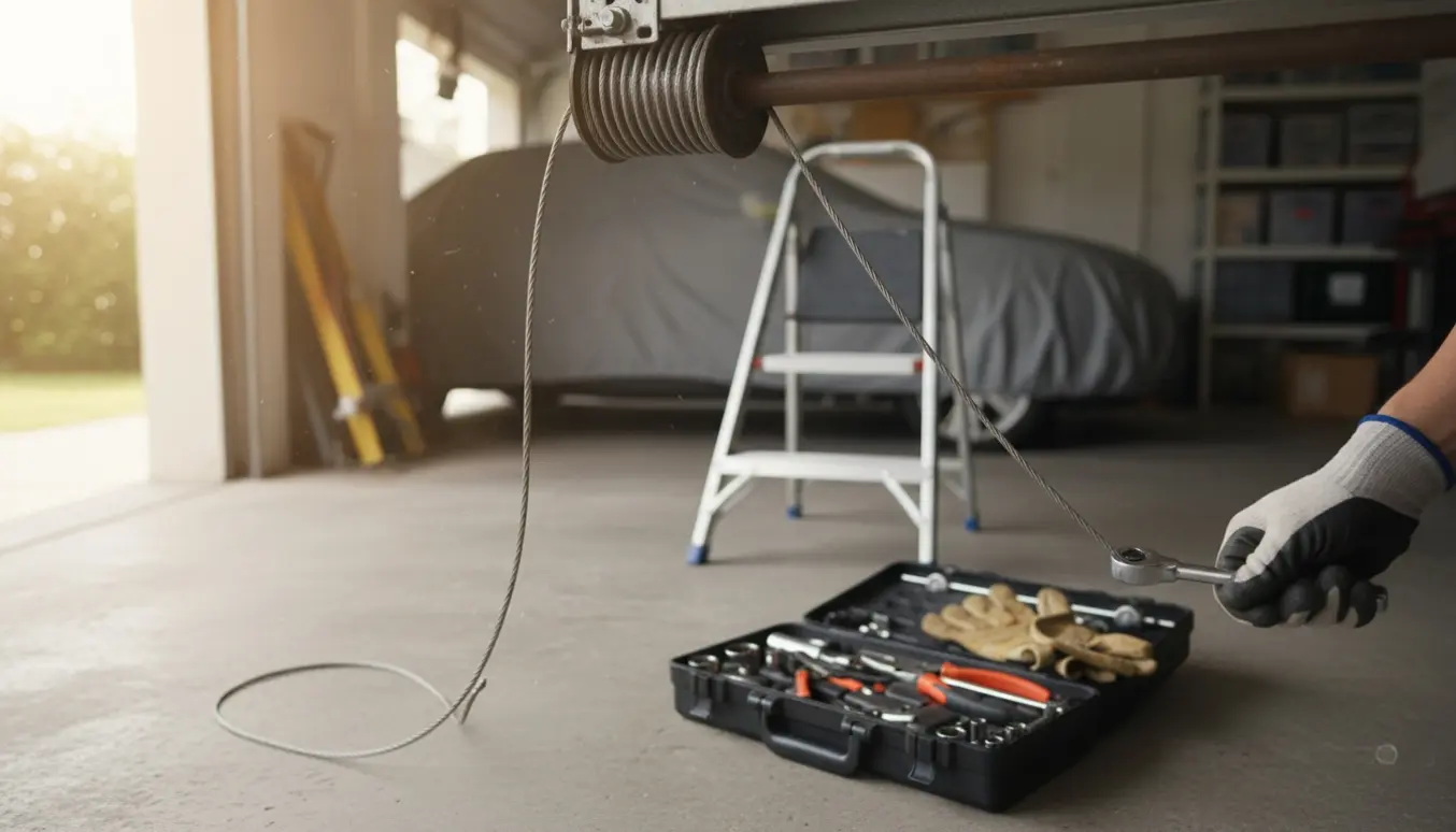 Løs kabel hænger fra garageportens tromle, mens en tekniker med handsker holder ved mekanismen.