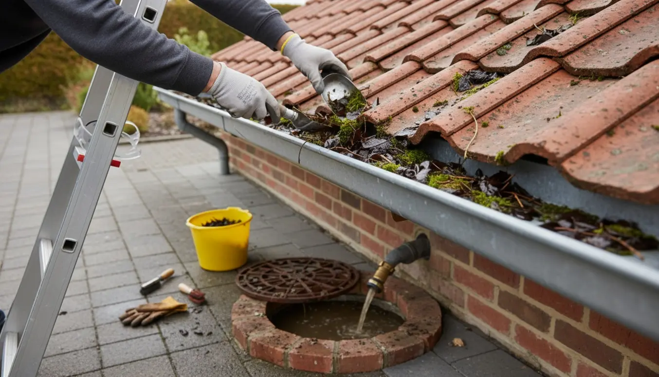 Handskerede hænder fjerner blade fra tagrenden og skyller en åben afløbsbrønd ved husmuren.