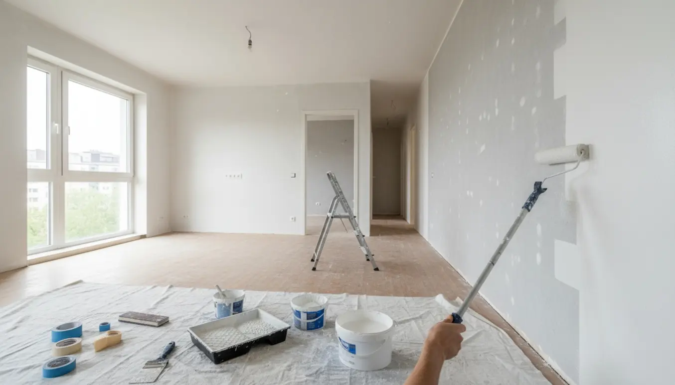 Tom 80 m² lejlighed med malerens hænder, der spartler og maler væggene hvide i et lyst køkken-alrum.