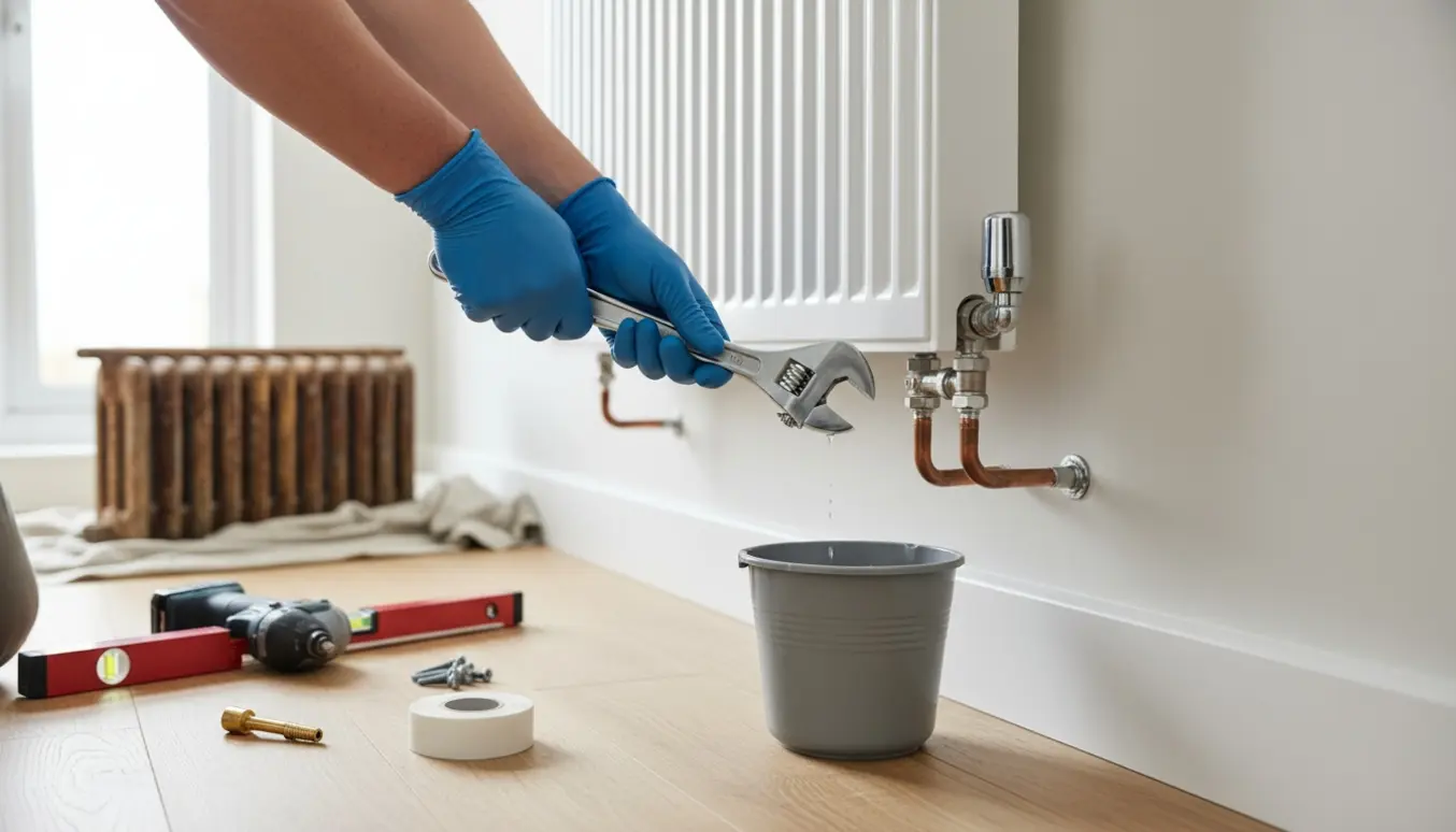 Ny hvid radiator monteres på væg, hænder med skruenøgle forbinder ventiler og rør.