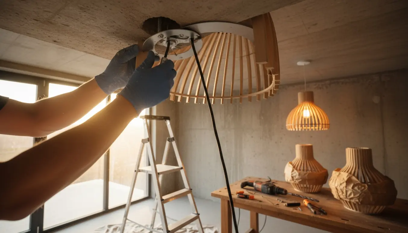 Elektriker monterer en stor lamel-lampe i et betonloft med værktøj og ny ledning klar.