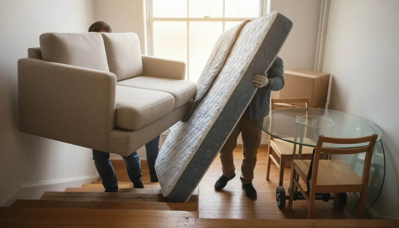 To personer bærer en madras og sofa op ad en lys opgang med stole, glasbord og flyttekasser på en repos.