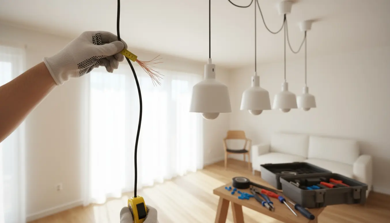 Installatør holder en lampe op mod loftet med en for kort ledning, mens værktøj ligger klar på en trappestige.
