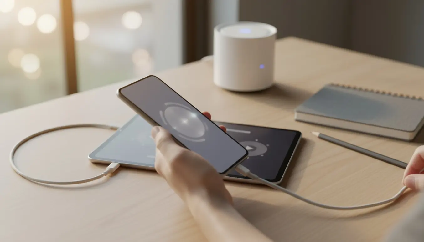 Smartphone og tablet på et lyst skrivebord, hænder overfører data og mailkonti mellem enhederne.