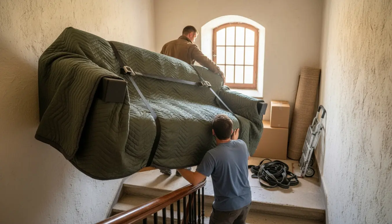 To personer bærer en indpakket sofa op ad trappen i en boligopgang.