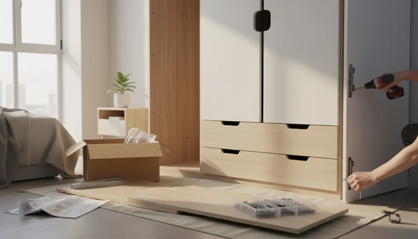 Samling af et nyt garderobeskab med hængsler, skuffer og værktøj i et lyst værelse.