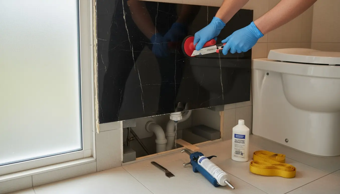 Delvist løftet sort marmorside ved toiletcisternen med arbejdshandsker, sugekop og fugeudskæring i et lyst badeværelse.