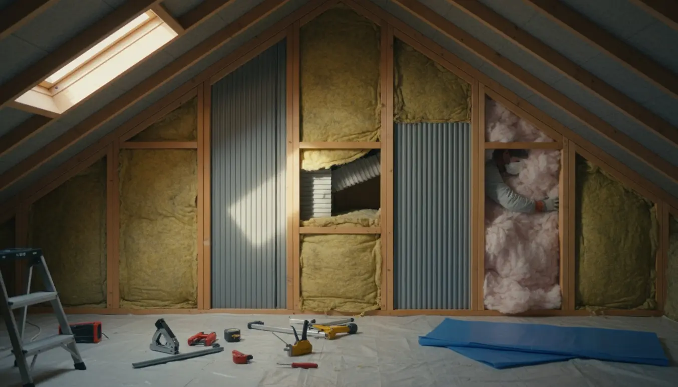 Tre skunkrum på loftet efterisoleres med mineraluld og værktøj i naturligt dagslys.