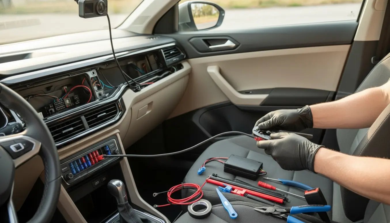 Dashcam monteret ved forruden med kabel ført langs A-stolpen til en åben sikringsboks, hardwire-kit og værktøj på sædet.