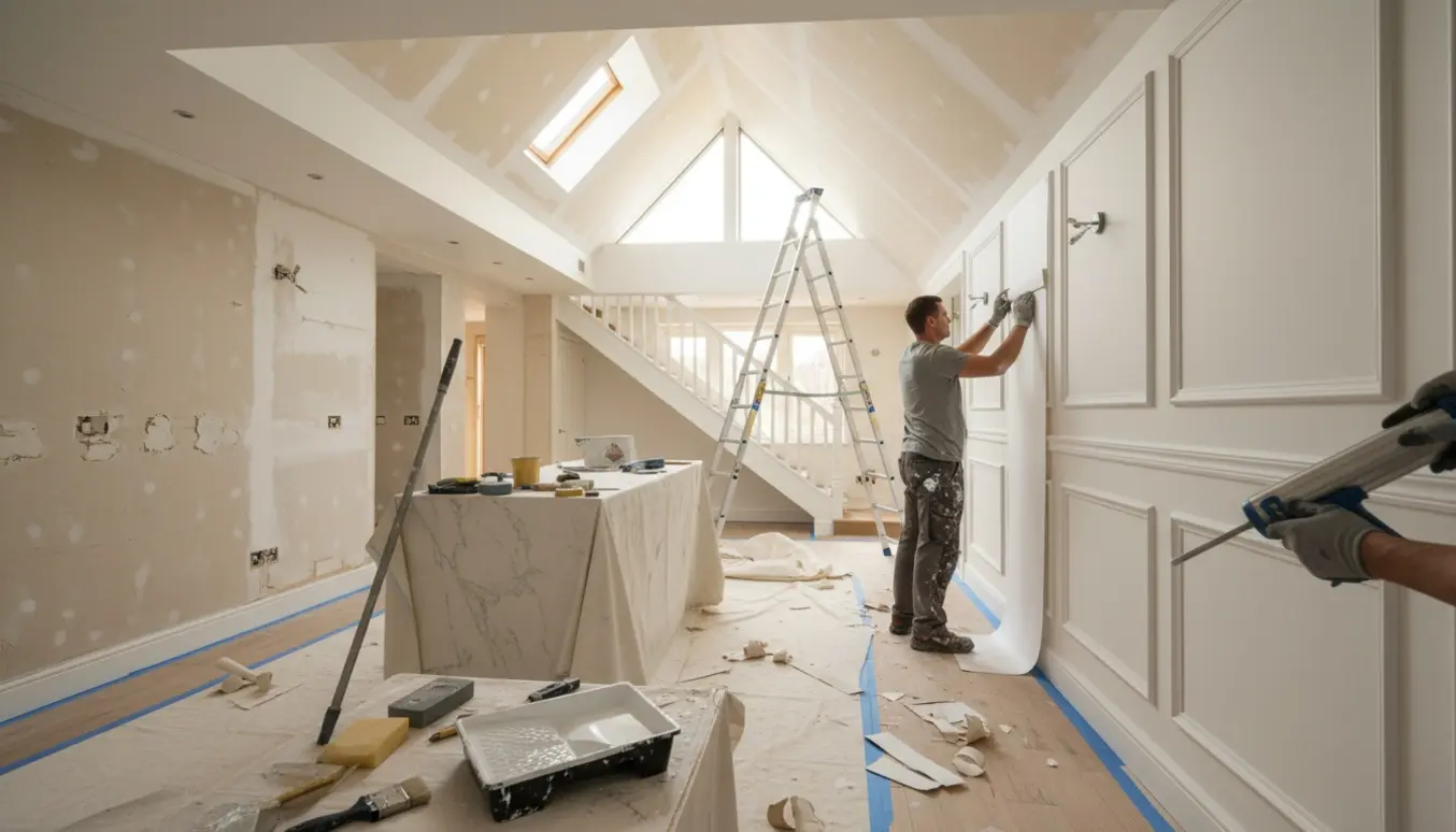 Malerarbejde i køkken-alrum med høj stige, filt på væg, fuge langs paneler og afdækket gulv.