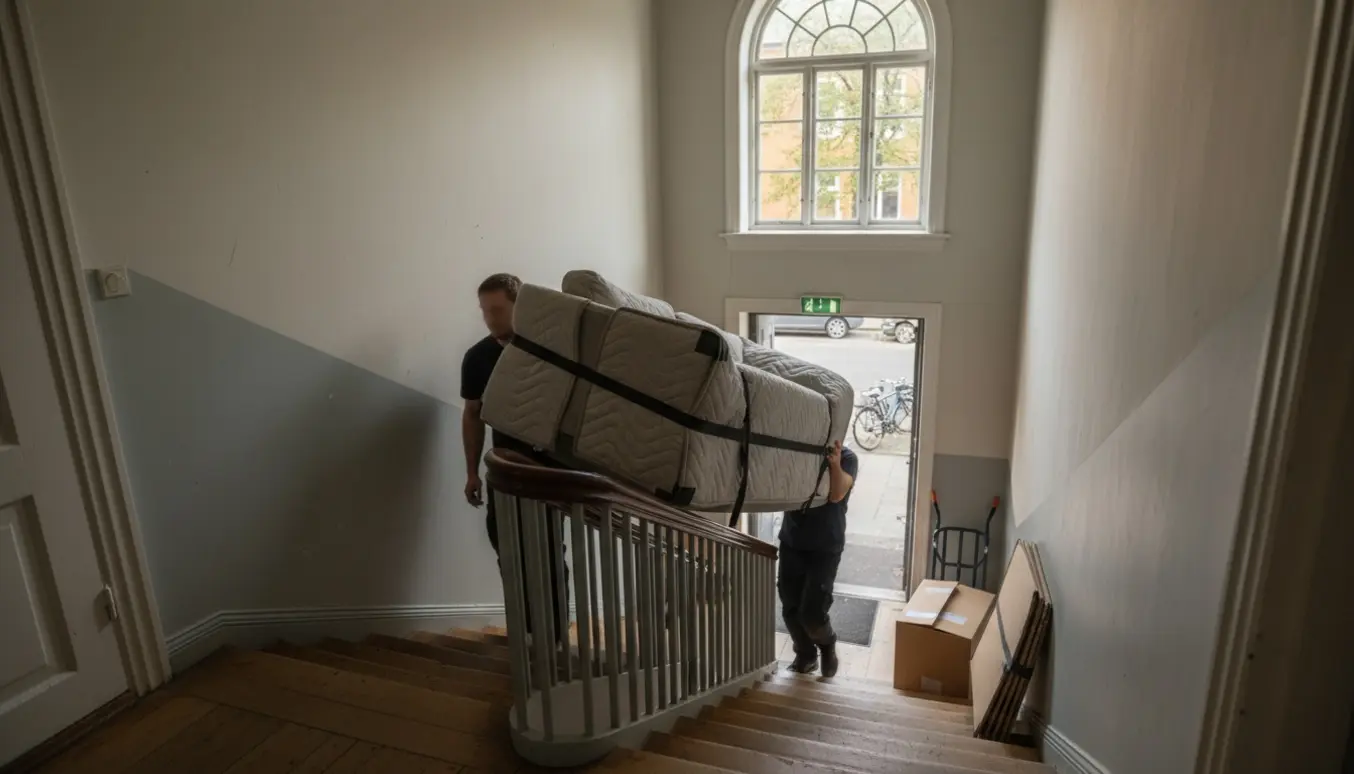 To flyttefolk bærer en indpakket sofa op ad en smal trappe i en Østerbro-lejlighed.