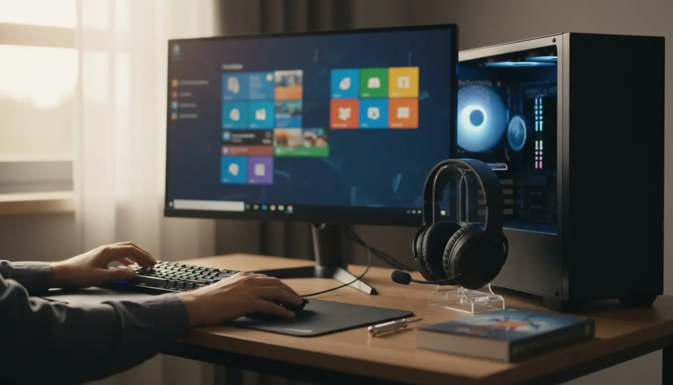 Nærbillede af en ny computer på skrivebordet med hænder, der taster login, klar til at blive sat op til gaming.