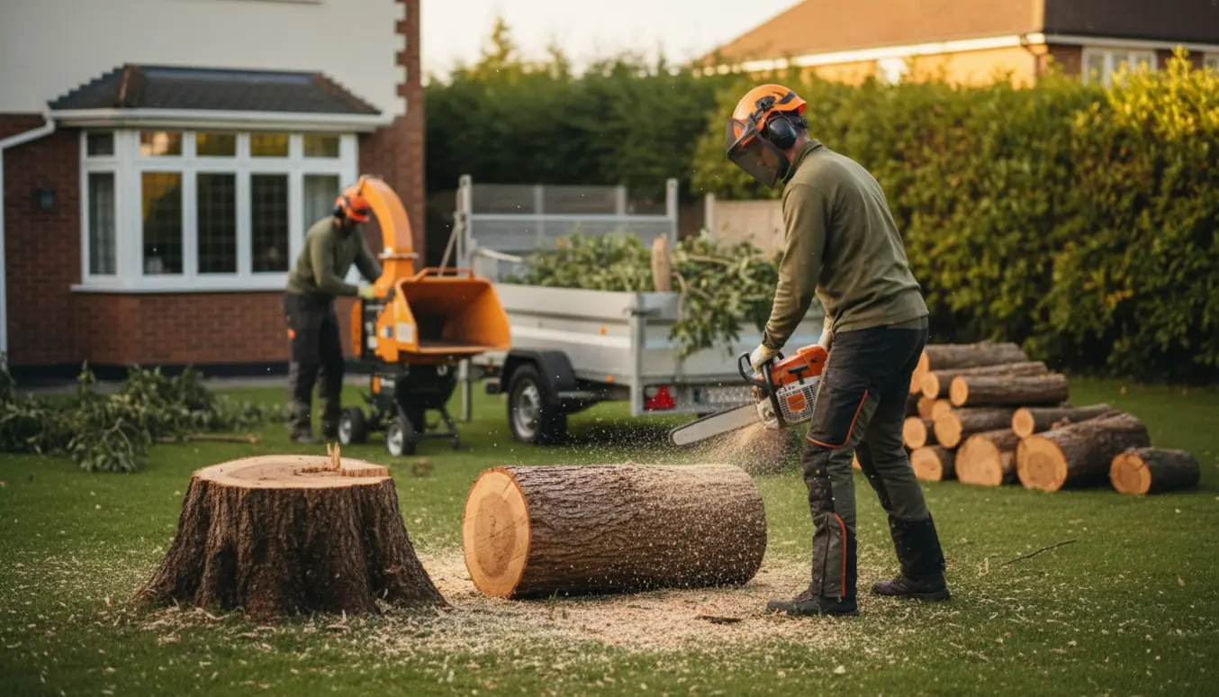 Fældning af stort træ i haven med afsavede grene og trailer til bortskaffelse.