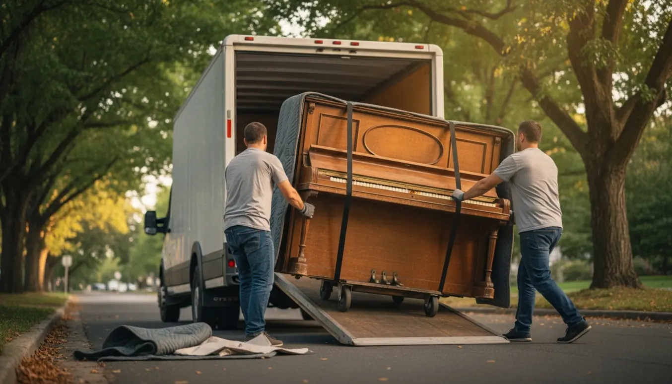 Gammelt opretstående klaver læsses ind i en flyttevogn med flyttestrap og beskyttende tæpper.