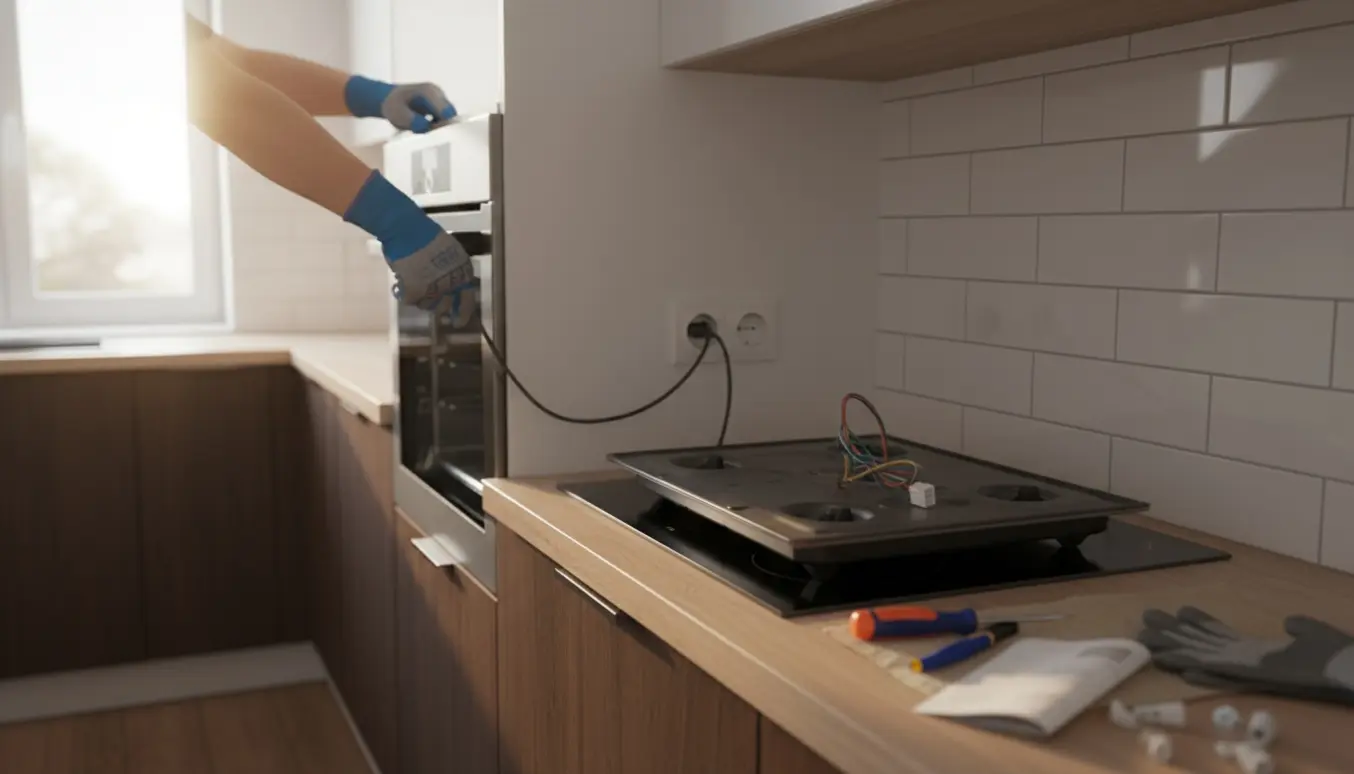 Handskerede hænder tilslutter ovnens stik til en indbygget dåse i et moderne køkken, med en ny kogeplade og værktøj på bordpladen.