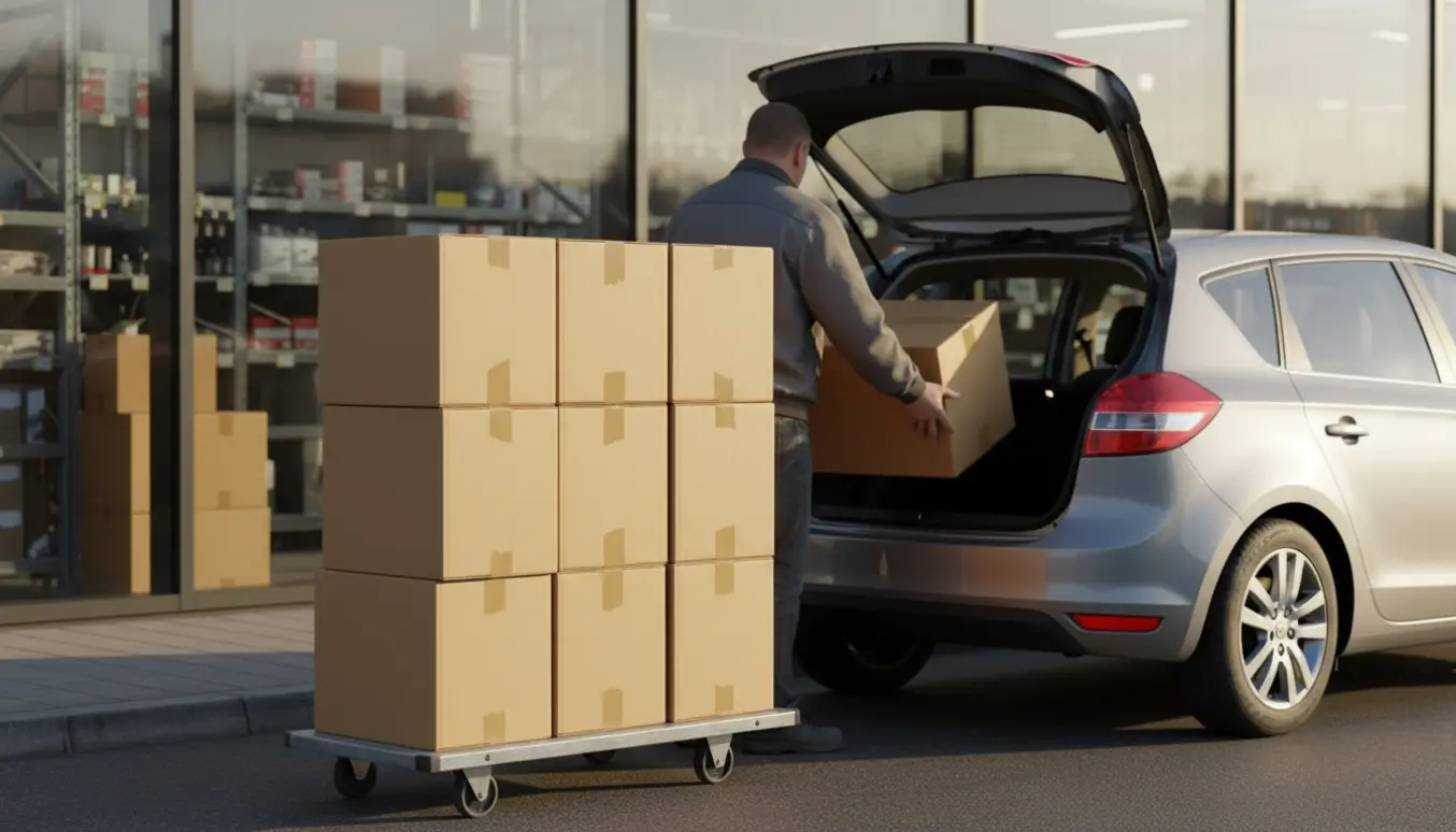 En hjælper læsser stabler af brune flyttekasser ind i bagagerummet på en stationcar foran et varehus, uden at ansigtet vises.