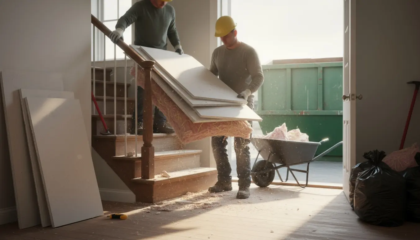 Arbejdere bærer gipsplader og isolering ned ad trappen mod en container ved genbrugsstationen.