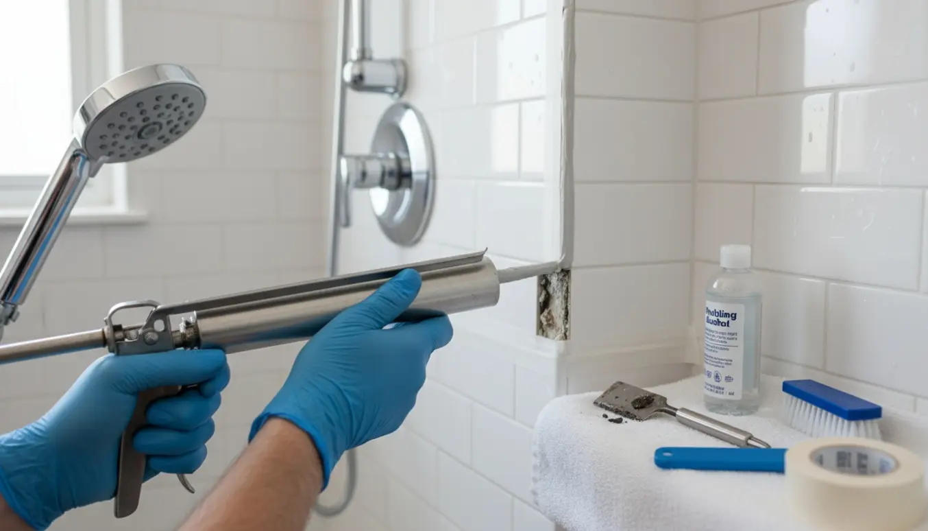 Nære hænder i handsker påfører ny lysegrå silikone i et brusehjørne efter fjernelse af sort gammel fuge.