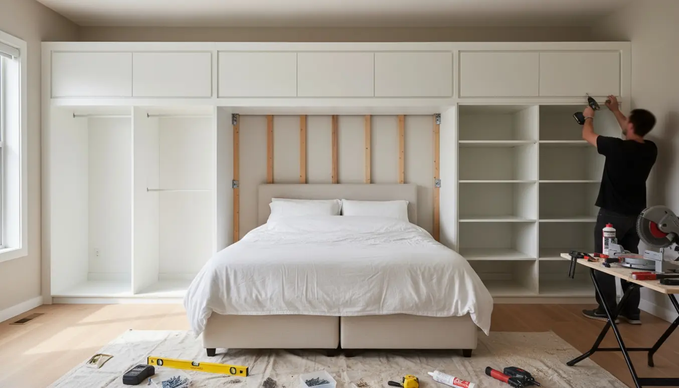 Installatør monterer indbyggede Ikea Pax-garderobeskabe omkring en seng i et lyst soveværelse.