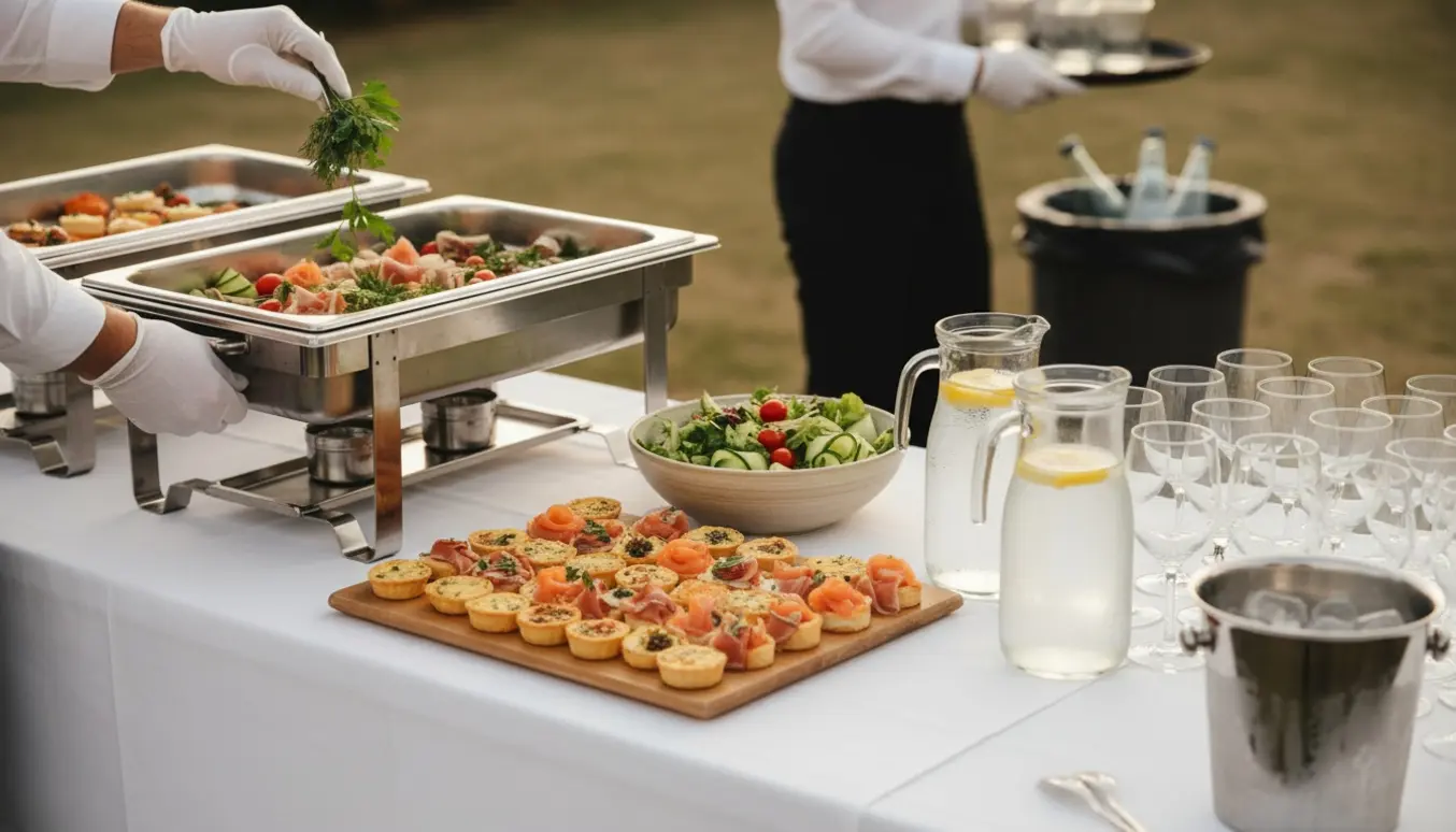Tætte hænder rydder og anretter buffetretter og drikkevarer til en konfirmationsreception.
