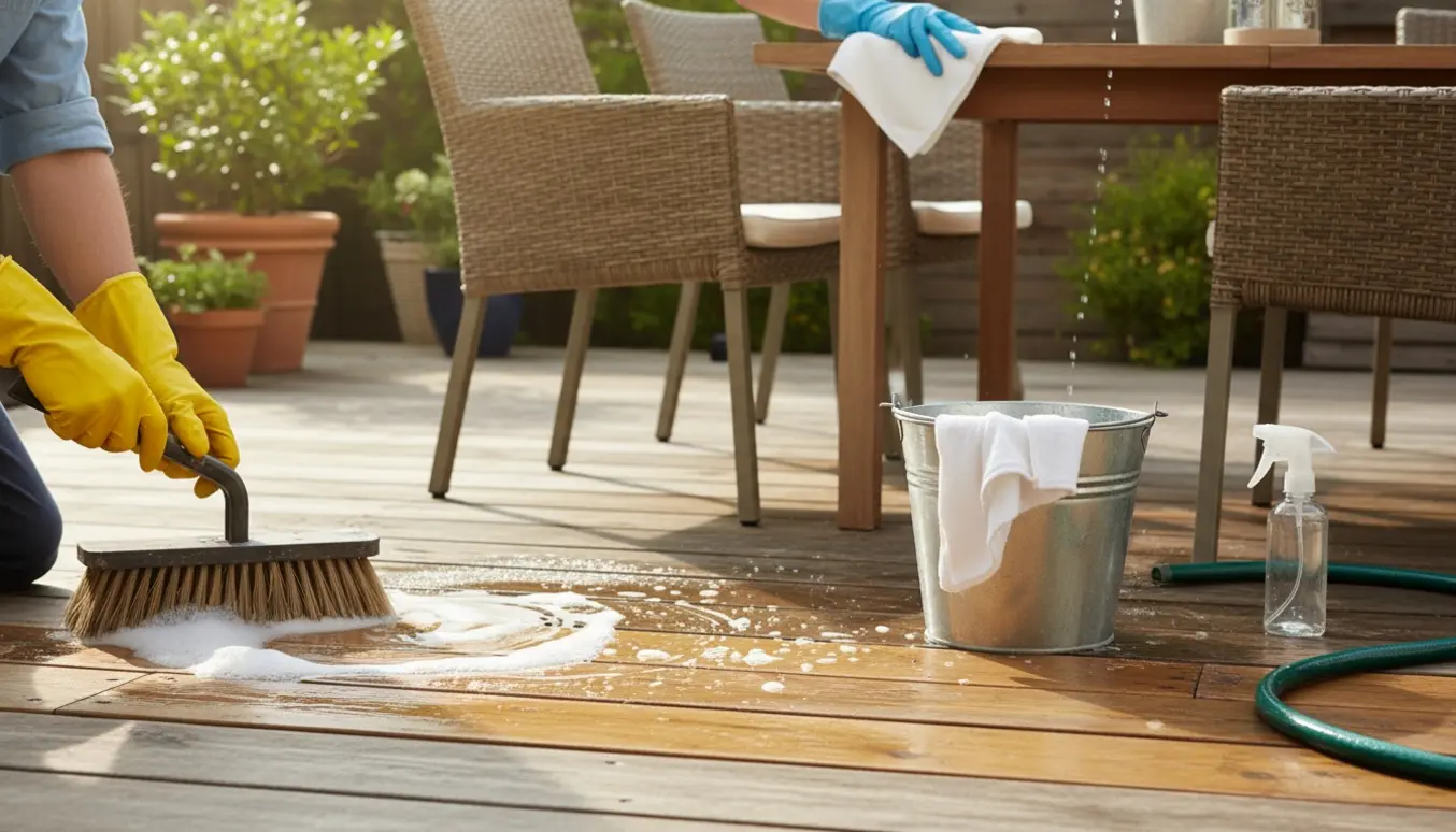 Hænder skrubber et træterrasse med børste og spand, mens havemøbler tørres af i sollys.