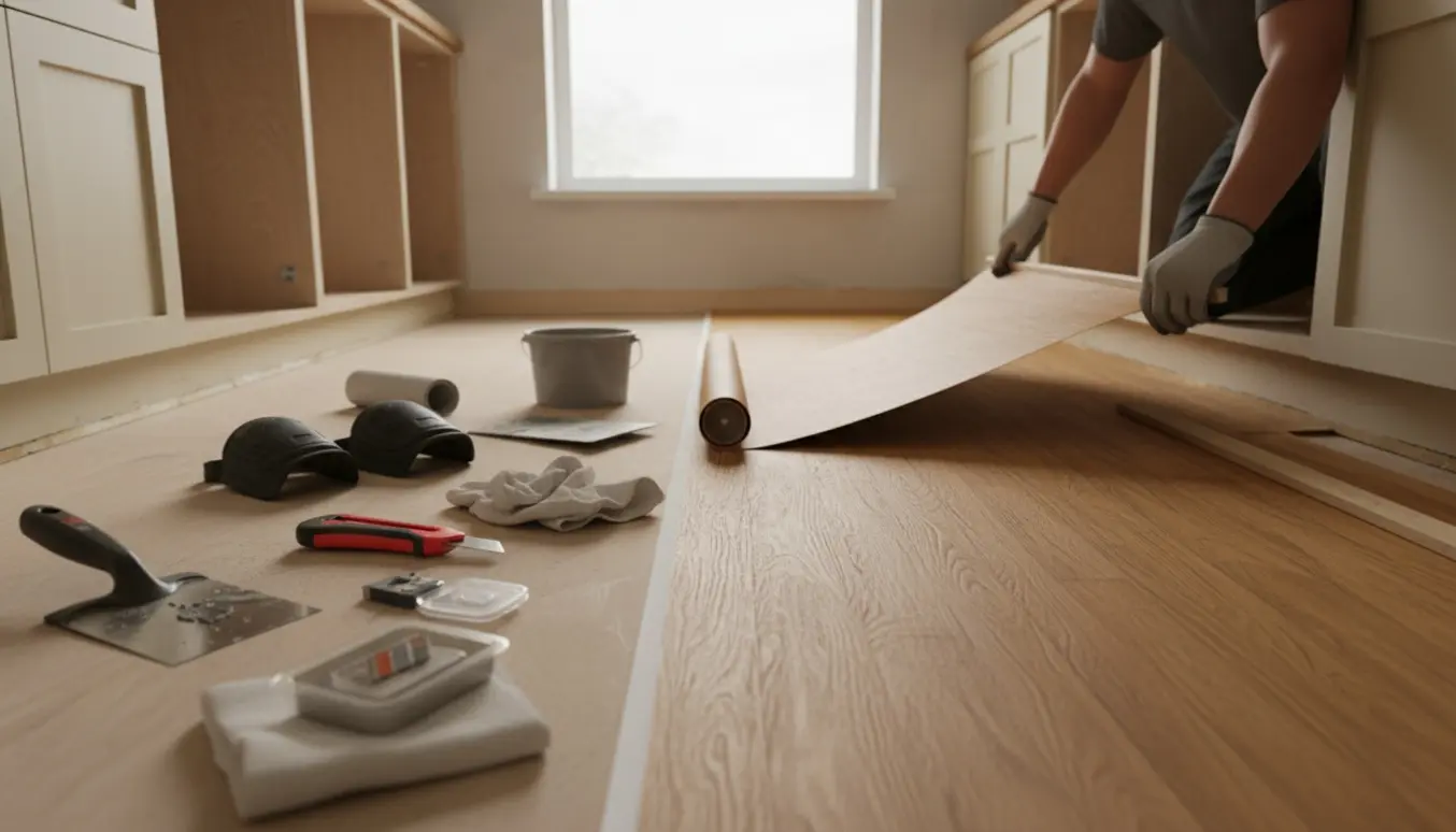 Hænder lægger linoleum i et lille køkken med værktøj og ruller på gulvet.