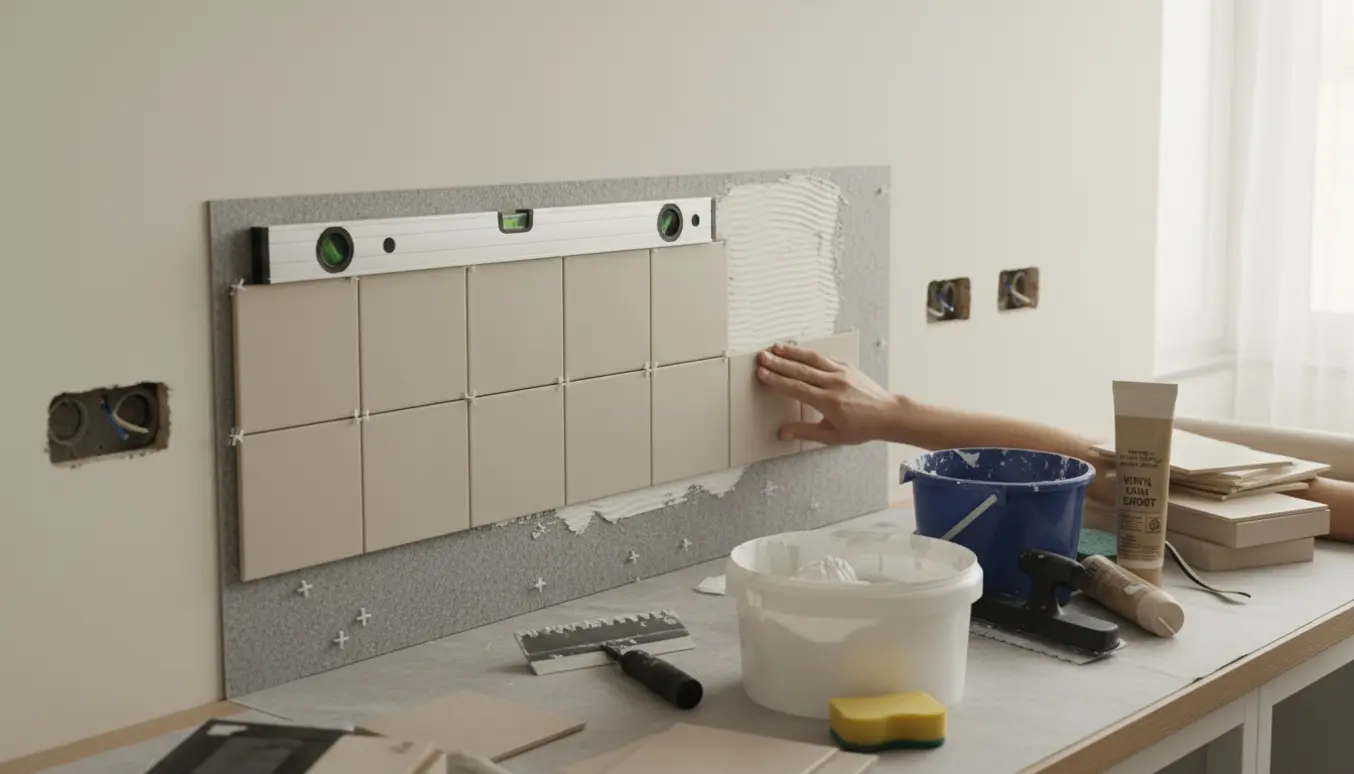 Nærbillede af hænder, der sætter firkantede fliser op på filt som køkkenbagvæg med fliselim, afstandsklodser og tre stikkontakter synlige.