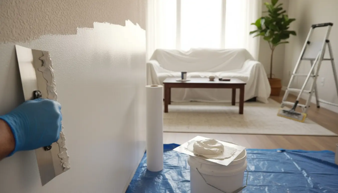 En hånd glatter frisk spartelmasse på en stuevæg med afdækkede møbler og værktøj i blødt dagslys.