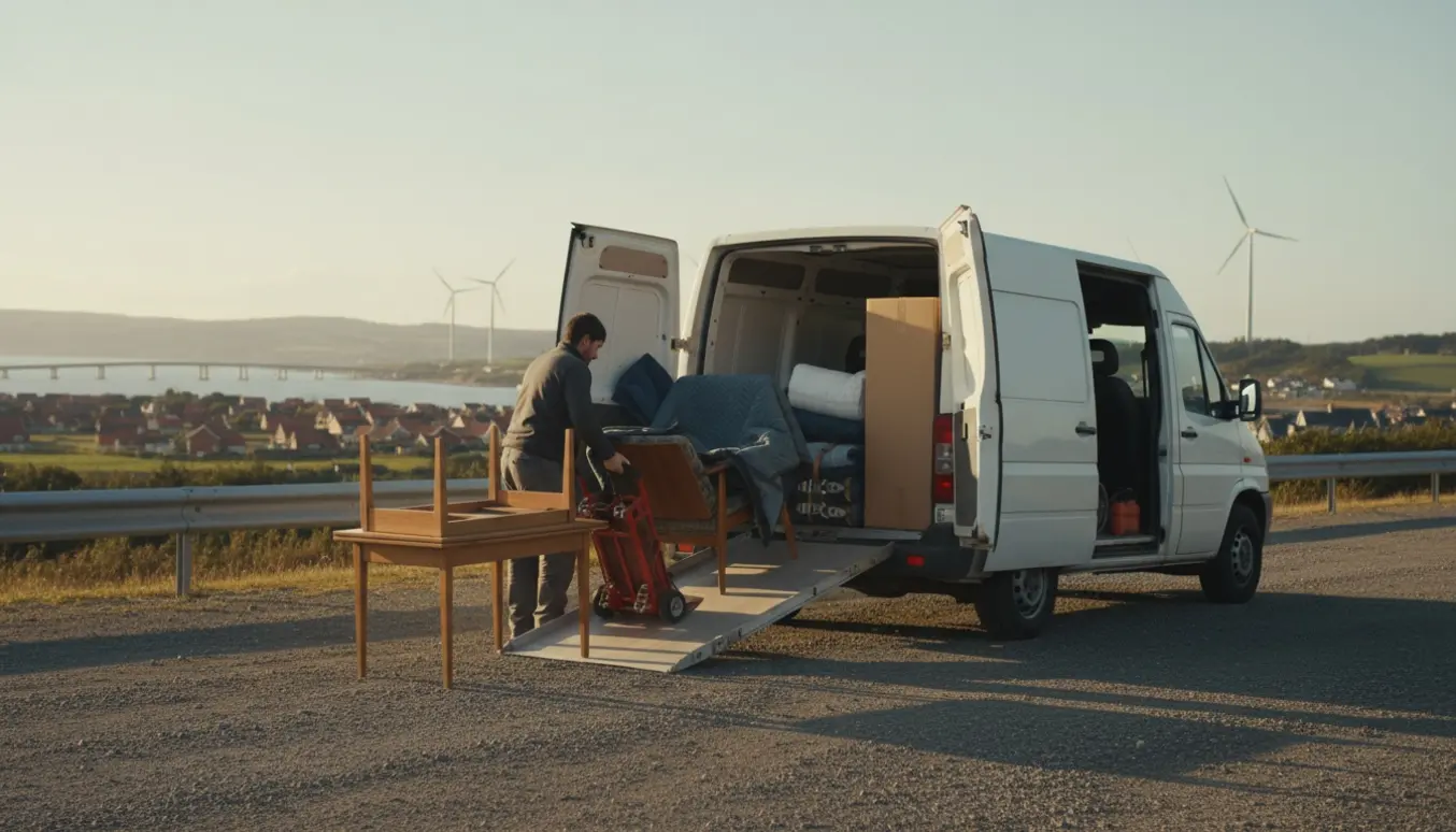 Flyttefolk læsser beskyttede møbler i en varevogn ved en kystvej, klar til transport mellem Tyskland og Danmark.