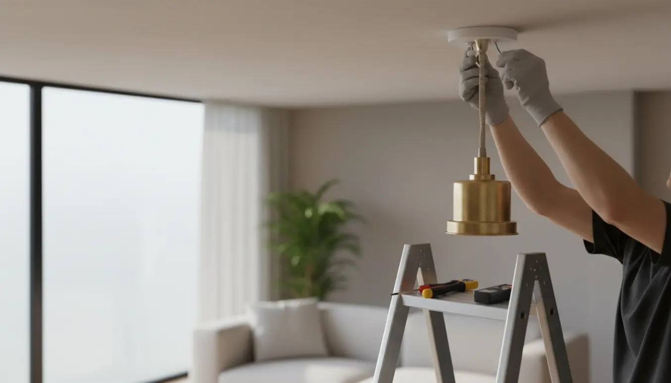Hænger en loftlampe op med handsker og værktøj på en stige i et lyst, moderne rum.