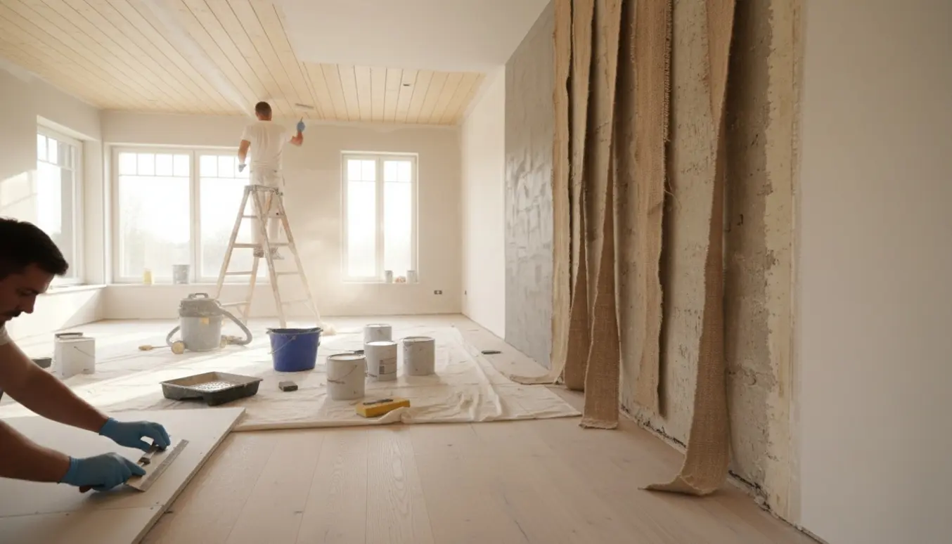 Tom stue med hessianfjernelse på væg, spartelværktøj og maler, loft med trælameller under maling.