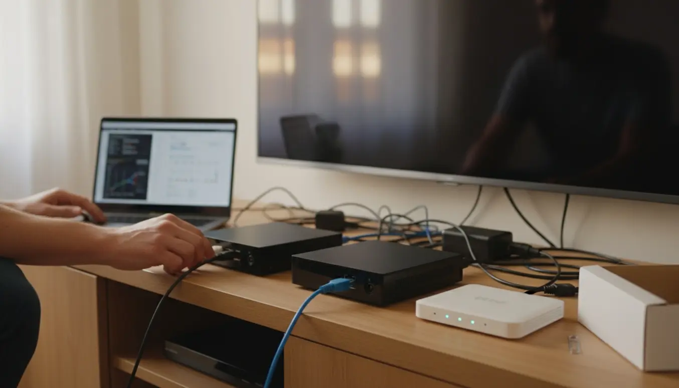 To hænder forbinder netværkskabler til to tv-bokse på et mediabord med router og åben emballage i dagslys.