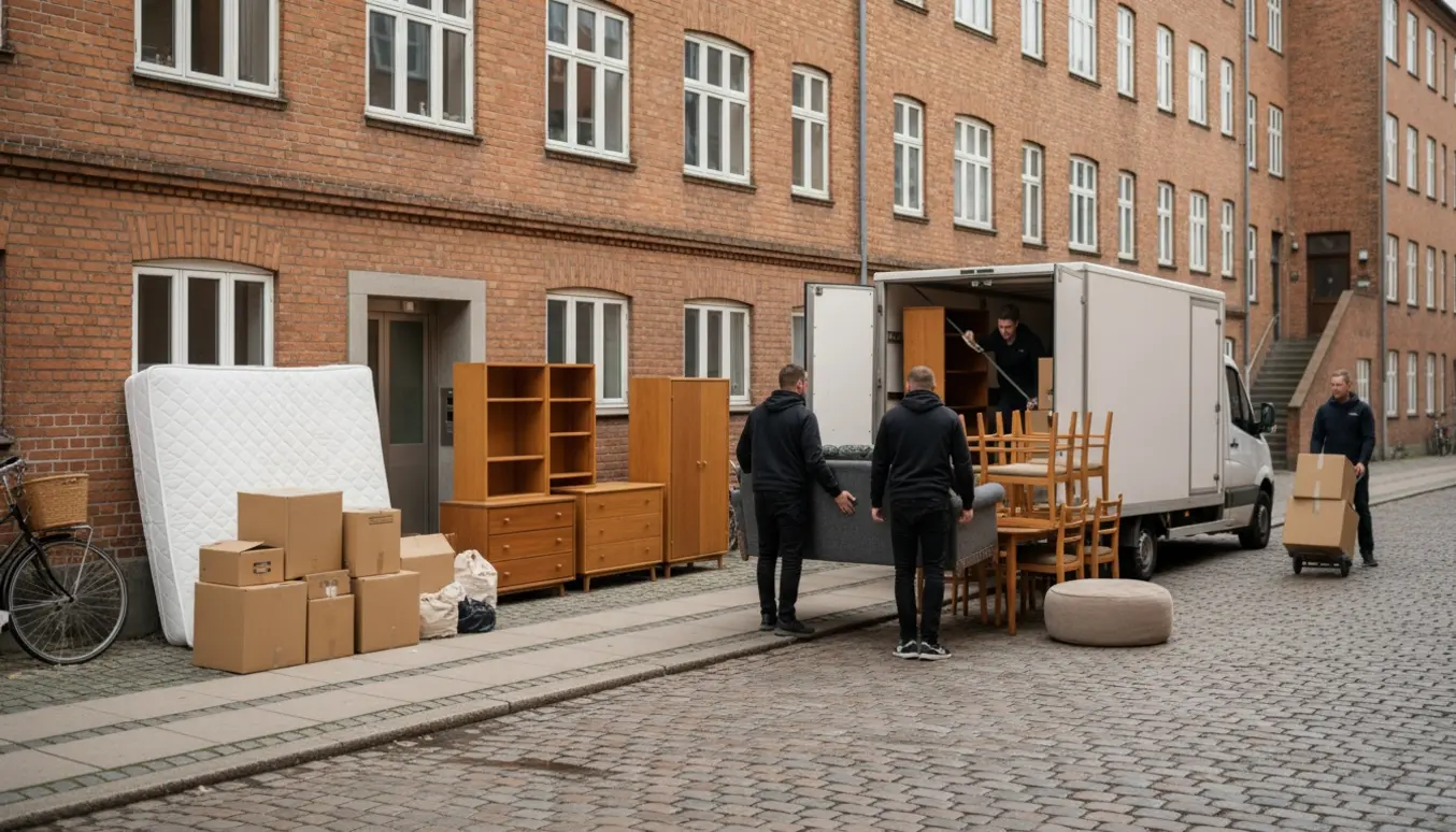 Flyttefolk læsser sofa, møbler og bunker af flyttekasser ved en varevogn og trailer på en rolig københavnsk gade.