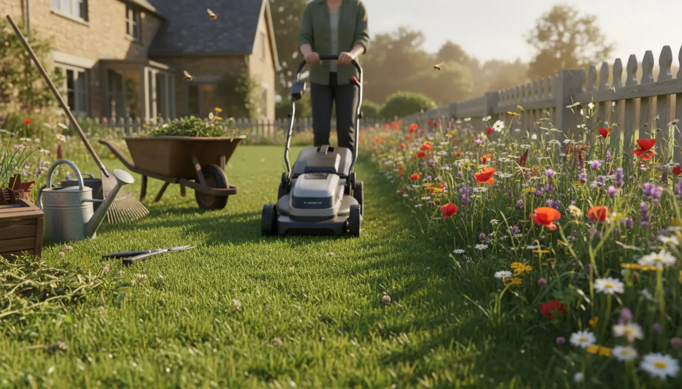 Bagfra set person slår græsset med en plæneklipper ved siden af en vild blomsterkant.