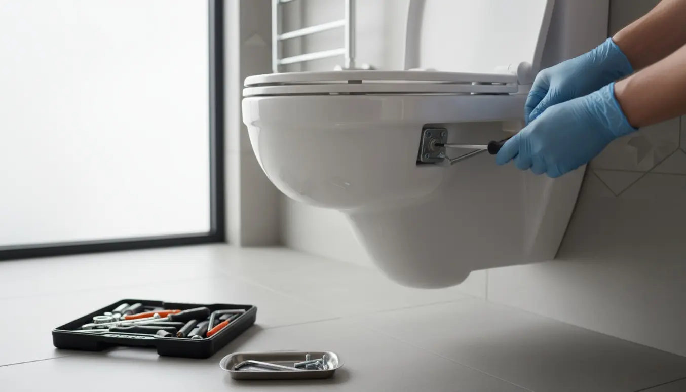 Nærbillede af hænder, der retter et løst/skævt vægophængt toiletbræt med skruetrækker og beslag.