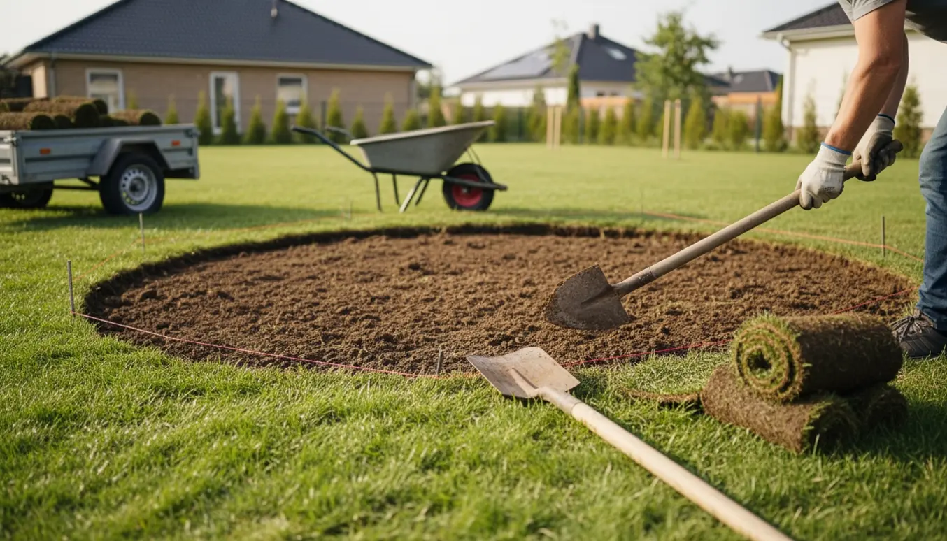 Cirkelformet græsplæne graves op i en baghave med skovl, spade, trillebør og trailer i baggrunden.