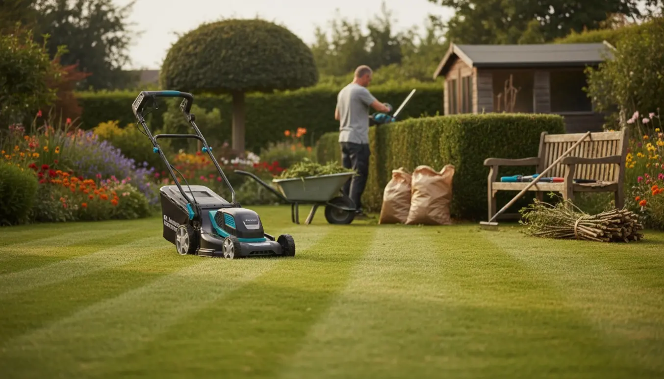 Soloplyst sommerhave med nyklippet græs, nypudsede hække og en trillebør fyldt med haveaffald.