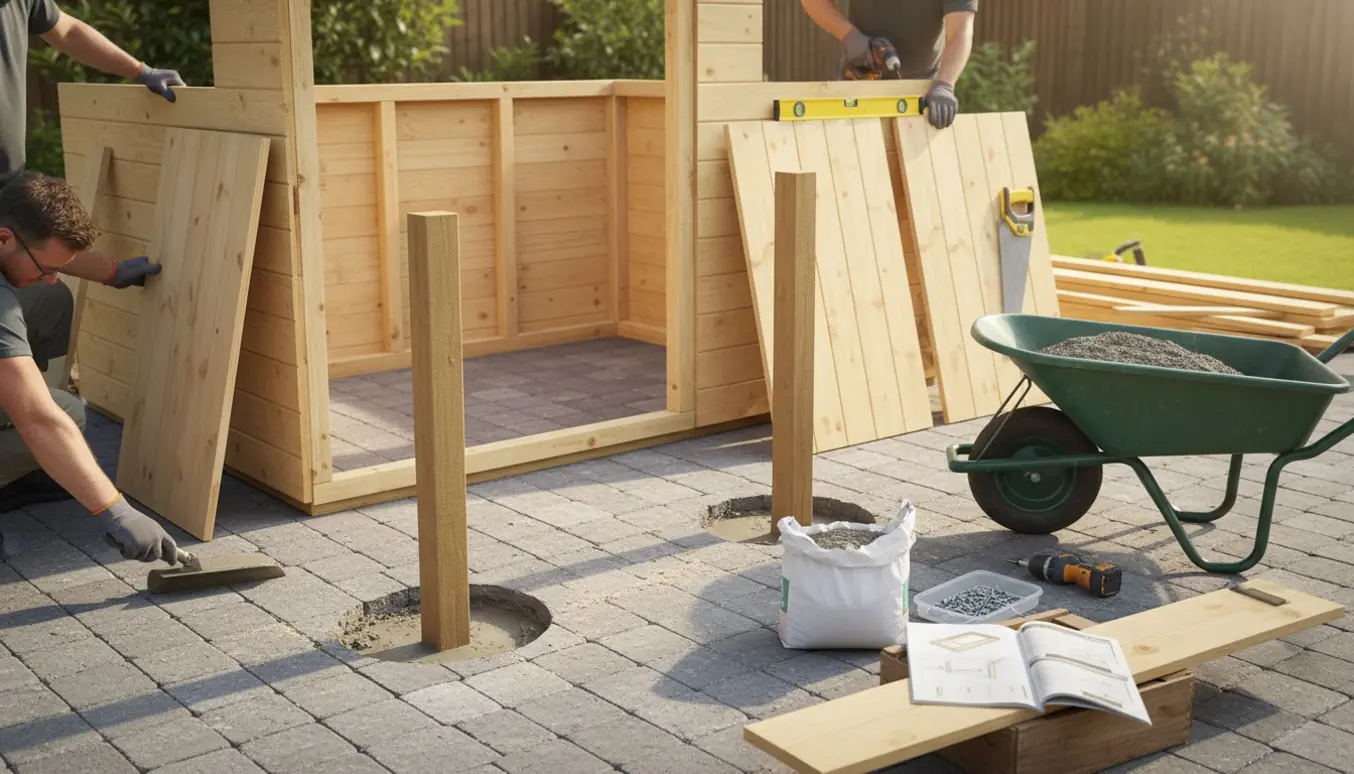 Partielt monteret redskabsskur på havefliser med stolper støbt i beton og værktøj spredt omkring.