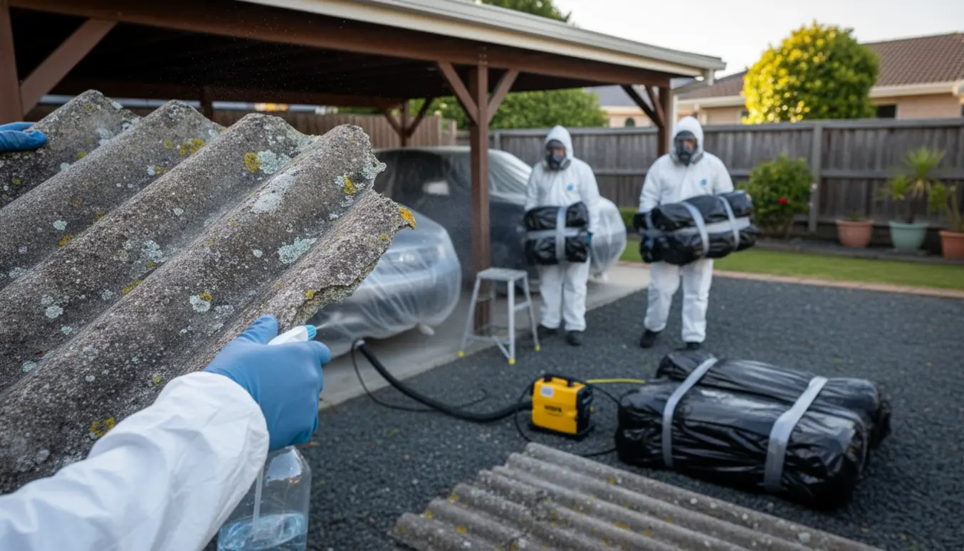 Arbejdere i beskyttelsesdragter fjerner et gammelt porøst asbesttag fra en carport over tre biler.