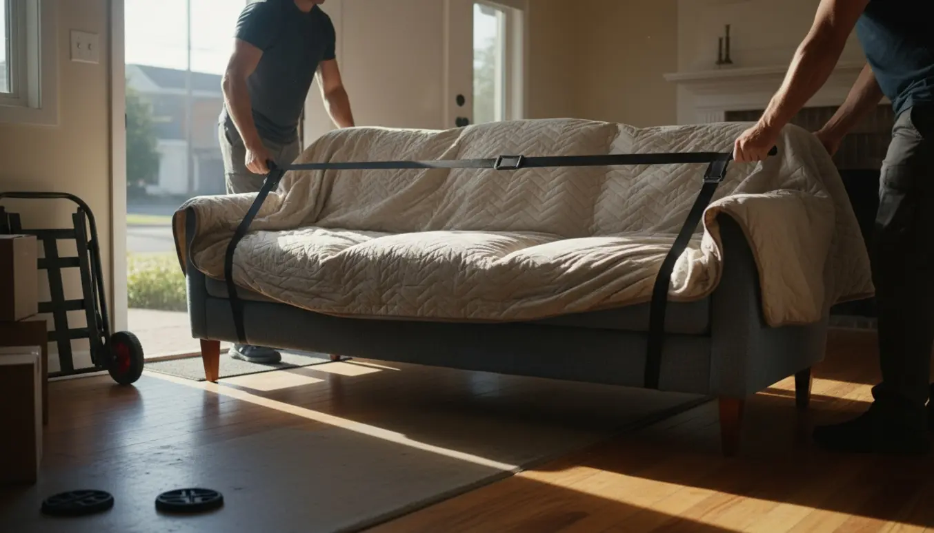 To flyttemænd bærer en 3-personers sofa gennem en stueplansdør med flyttetæpper og løftestropper.